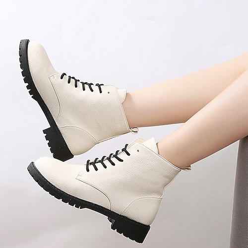 

Women's Boots Combat Boots Plus Size Daily Booties Ankle Boots Winter Block Heel Round Toe Casual PU Leather Lace-up Solid Colored Black Beige