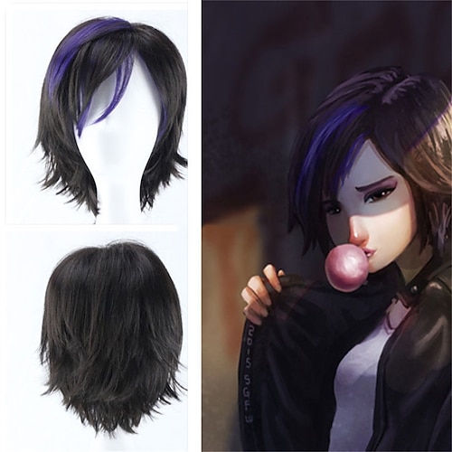 

Big Hero 6 Go Go Tomago Wig Short Straight Black with Purple Highlight Synthetic Anime Cosplay Wig