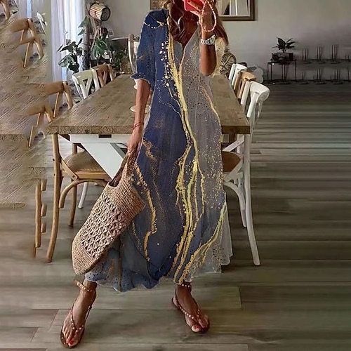 

Women's Swing Dress BohoDress Maxi long Dress Khaki Half Sleeve Floral Print Fall Winter V Neck Boho Casual Modern 2022 S M L XL XXL 3XL