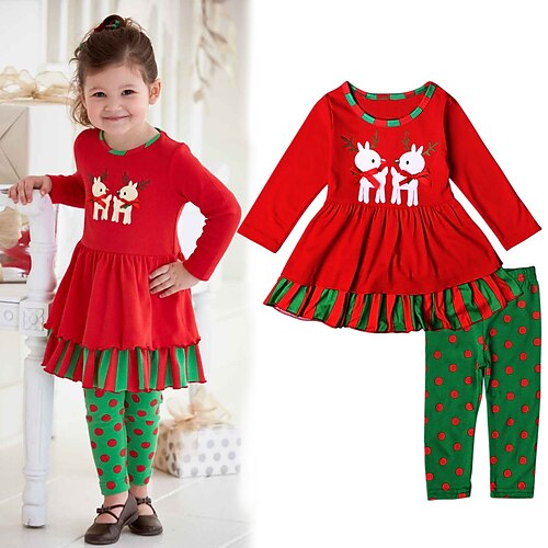 

2 Pieces Kids Girls' Christmas SkirtSet Clothing Set Outfit Cartoon Ugly Long Sleeve Cotton Set Street Active Cute Winter Fall 2-6 Years Red