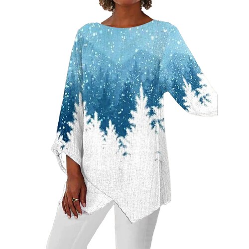 

Women's Blouse Shirt Blue Wine Fuchsia Plaid Deer Asymmetric Print Long Sleeve Christmas Weekend Streetwear Casual Round Neck Long S / 3D Print