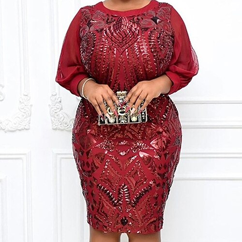 

Women's Plus Size Party Dress Solid Color Crew Neck Long Sleeve Fall Winter Stylish Elegant Midi Dress Party Date Dress / Sequin Dress