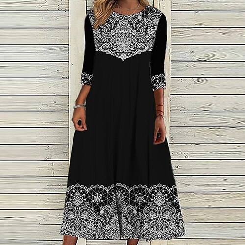 

Women's Casual Dress Shift Dress Midi Dress Black 3/4 Length Sleeve Floral Ruched Print Fall Winter Round Neck Casual Vacation 2022 S M L XL XXL 3XL