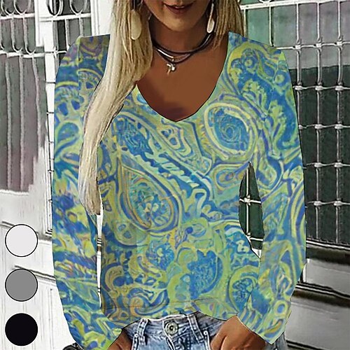 

Women's T shirt Tee Green Graphic Graffiti Print Long Sleeve Casual Daily Vintage V Neck Regular Painting S / 3D Print