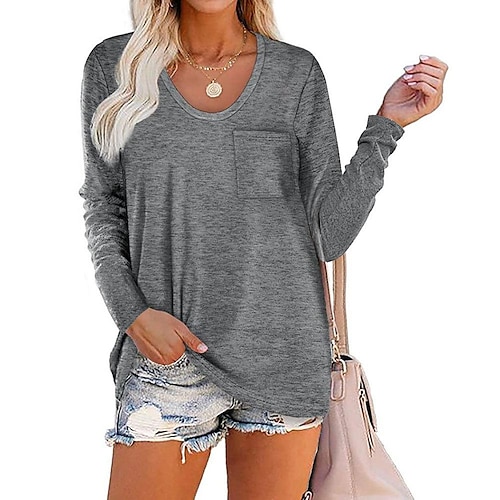 

Carney Carney Amazon Cross-Border Women's Top European And American Foreign Trade Loose Solid Color Patch Pocket Round Neck Long-Sleeved T-Shirt Women
