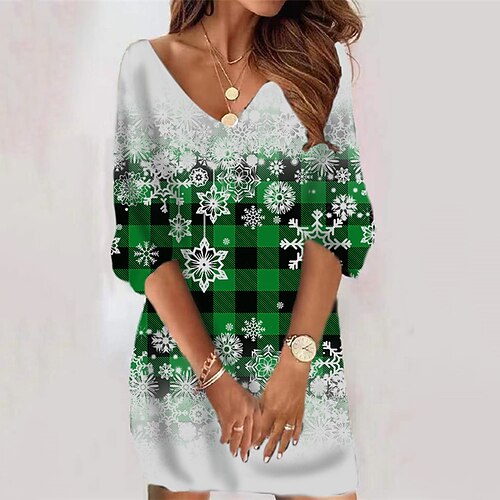 

Women's Christmas Sweatshirt Dress Winter Dress Short Mini Dress Green Yellow 3/4 Length Sleeve Plaid Elk Snowflake Print Fall Winter V Neck Vacation Casual Loose Fit 2022 S M L XL XXL 3XL