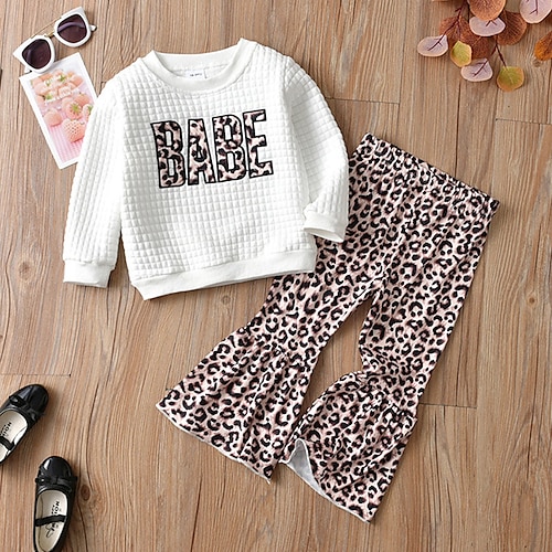 

2 Pieces Kids Girls' Hoodie & Pants Clothing Set Outfit Leopard Letter Long Sleeve Cotton Set Vacation Cute Sweet Winter Fall 2-6 Years White