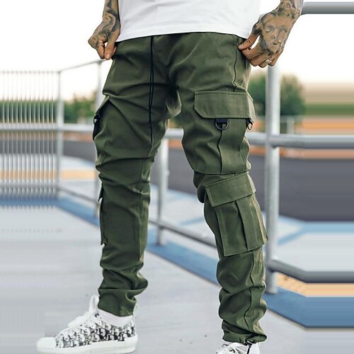 

Men's Skinny Trousers Casual Pants Multiple Pockets Straight Leg Solid Colored Soft Sports Full Length Casual Holiday Stylish Athletic Slim ArmyGreen Black Micro-elastic / Drawstring