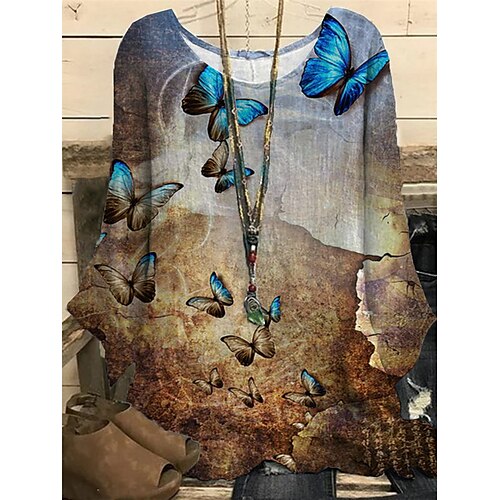 

Women's Plus Size Tops Blouse Shirt Animal Butterfly Print Long Sleeve Crewneck Casual Daily Vacation Polyester Fall Winter Black Blue