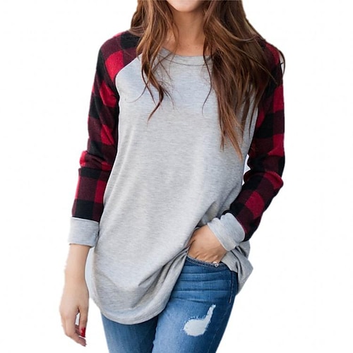 

Carney Carney Cross-Border European And American Autumn Women's Bottoming Shirt Amazon Plaid Print Round Neck Long-Sleeved T-Shirt