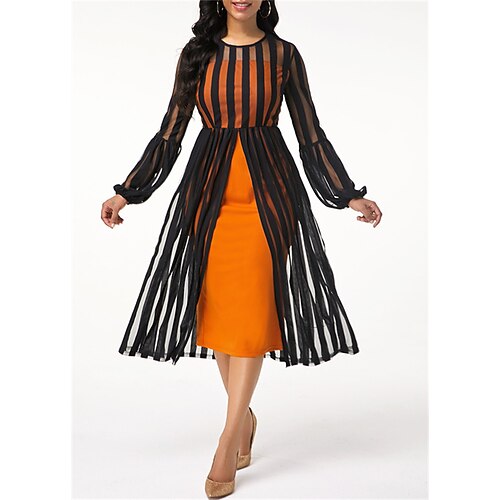 

Women's Sheath Dress Midi Dress Midi Dress Orange Long Sleeve Striped Mesh Patchwork Fall Winter Crew Neck Stylish Formal 2022 S M L XL 2XL 3XL 4XL 5XL