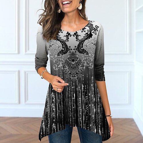 

Women's T shirt Tee Graphic Casual Holiday Weekend Painting T shirt Tee Long Sleeve Flowing tunic Print Round Neck Basic Green Black Blue S / 3D Print