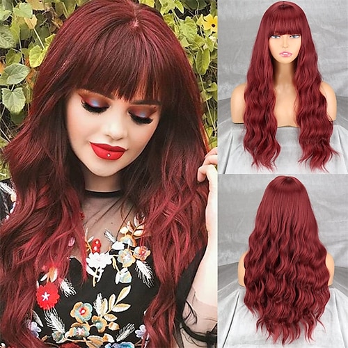 

Long Dark Red Wigs for Women Synthetic Long Red Wig with Bangs Narutal Wavy Red Wigs for Women Christmas Party 24 Inches