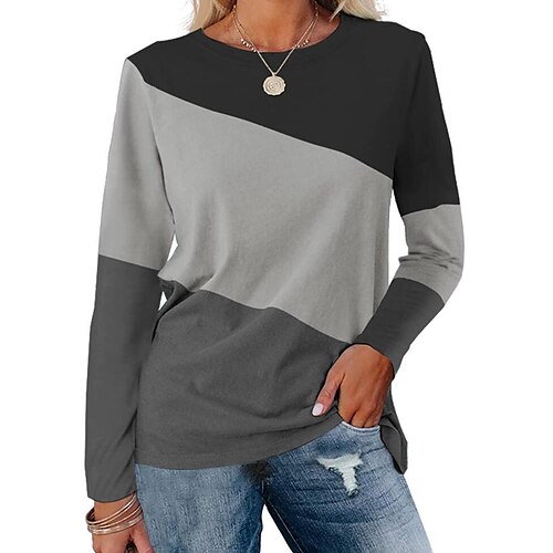 

Women's T shirt Tee Green Gray Purple Color Block Print Long Sleeve Casual Weekend Basic Round Neck Regular Painting S