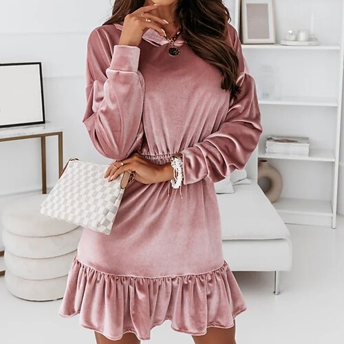 

Damen velvet kleid Sweatkleid Minikleid Schwarz Rosa Grau Langarm Einfarbig Rüsche Winter Herbst Mit Kapuze Modisch winterkleider damen Täglich Urlaub Lockere Passform 2022 S M L XL