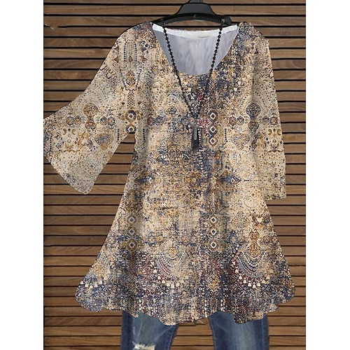 

Women's Plus Size Tops Blouse Shirt Floral Print 3/4 Length Sleeve Crewneck Vintage Casual Daily Holiday Cotton Spandex Jersey Fall Winter khaki