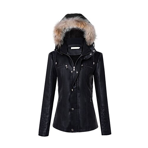 

Women's Faux Leather Jacket Warm Breathable Outdoor Daily Wear Vacation Going out Button Pocket Full Zip Faux Fur Trim Zipper Turndown Active Sports Comfortable Street Style Solid Color Regular Fit