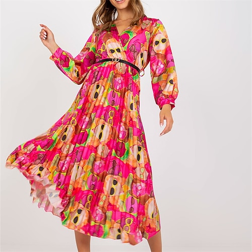 

Women's Print Dress Midi Dress Midi Dress Green Blue Orange Red Navy Blue Long Sleeve Abstract Ruched With Belt Print Fall Winter V Neck Vacation Stylish 2022 S M L XL 2XL