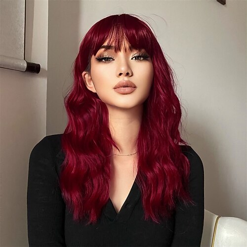 

Long Wavy Synthetic Wigs Burgundy Wig with Bangs Silky Heat Resistant Synthetic Wig for Women Daily Party Cosplay Wig
