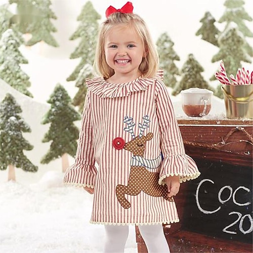 

Kids Girls' Ugly Christmas Dress Elk A Line Dress Asymmetrical Dress Daily Cotton Long Sleeve Beautiful Dress 2-8 Years Winter Beige