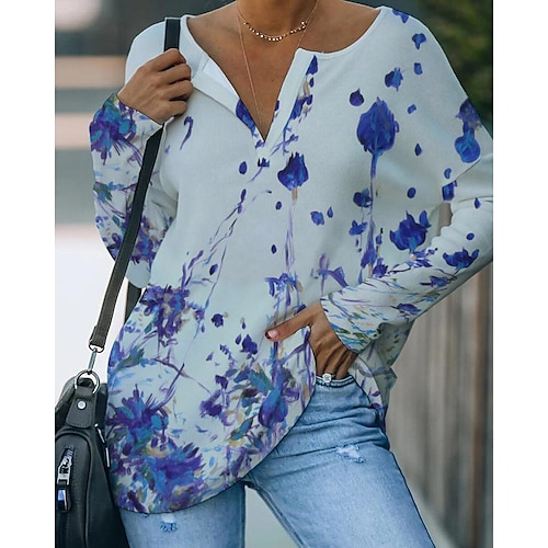 

Women's Blouse Shirt Blue Purple Floral Abstract Print Long Sleeve Casual Weekend Streetwear V Neck Regular Floral S / 3D Print