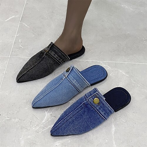 

Women's Slippers Home Daily House Slippers Flat Heel Pointed Toe Classic Walking Shoes Denim Loafer Jeans Black Dark Blue Light Blue