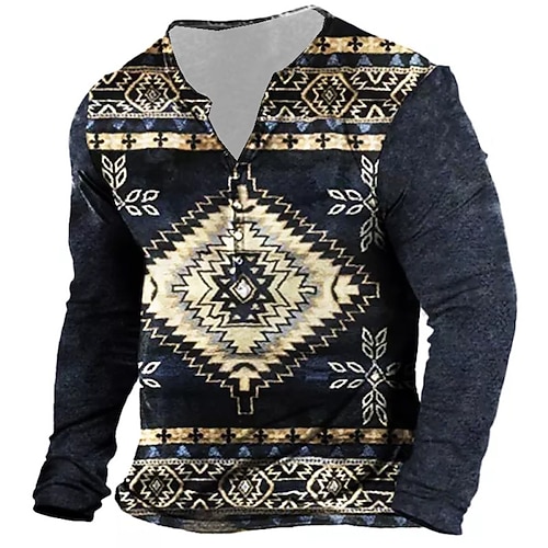 

Men's T shirt Tee Henley Shirt Tee Graphic Tribal Henley Green Blue Purple Orange 3D Print Plus Size Outdoor Daily Long Sleeve Button-Down Print Clothing Apparel Basic Designer Ethnic Style / Sports