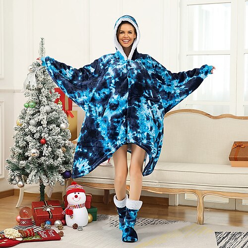 

Women's Christmas Pajamas Winter Nightgown Wearable Blanket Hoodie Blanket 2 Pieces Tie Dye Comfort Oversized Plush Home Bed 0Warm Hoodie Long Sleeve Button Pocket Winter Fall Blue Purple / Pjs