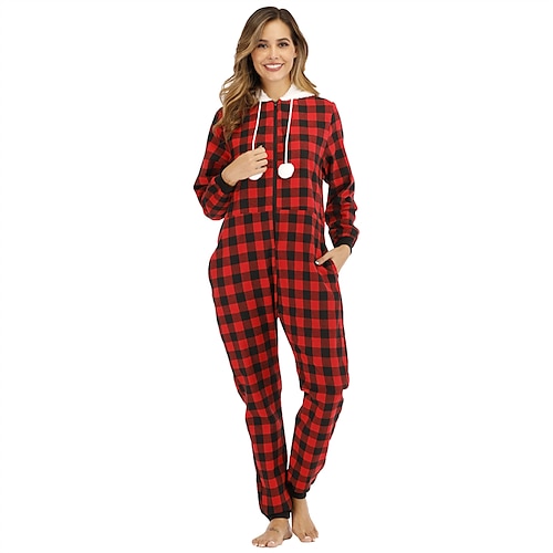 

Women's Christmas Pjs Winter Loungewear Kigurumi Pajamas Winter Onesies Jumpsuits Grid / Plaid Comfort Sweet Home Christmas Vacation Flannel Warm Hoodie Long Sleeve Hoodie Winter Fall Blue Red / Pjs