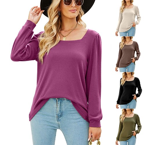 

women's clothing autumn winter solid color square neck bubble long-sleeved sweater t-shirt