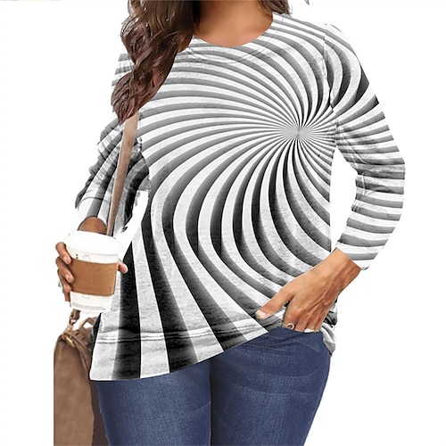 

Women's Plus Size Tops T shirt Tee Polka Dot Striped Print Long Sleeve Round Neck Casual Daily Vacation Polyester Fall Winter Green White