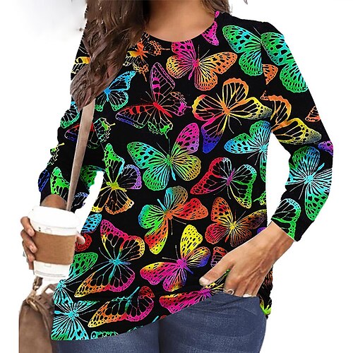 

Women's Plus Size Tops Pullover Sweatshirt Color Block Butterfly Print Long Sleeve Crewneck Casual Daily Going out Polyester Fall Winter White Black