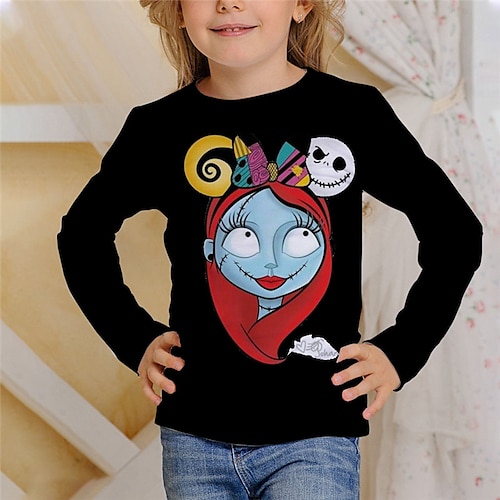 

The Nightmare Before Christmas Kids Girls' Ugly T shirt Skull Outdoor 3D Print Long Sleeve Active 3-12 Years Winter Black