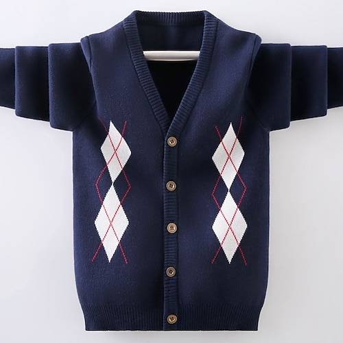 

Kids Boys Cardigan Plaid Daily Long Sleeve Daily Cotton 3-13 Years Winter Blue Navy Blue