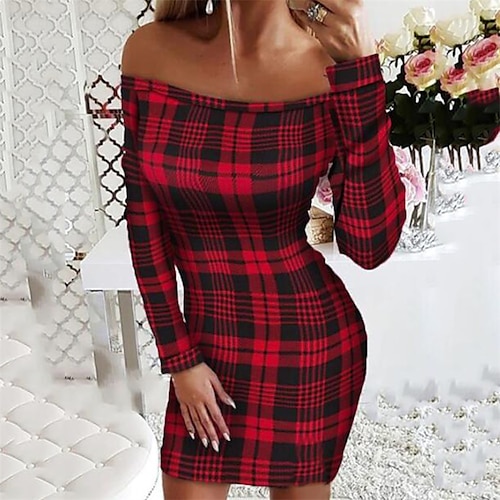 

Women's Christmas Casual Dress Bodycon Short Mini Dress Wine Black Long Sleeve Plaid Polka Dot Tree Cold Shoulder Print Fall Winter Off Shoulder Sexy Mature Slim 2022 S M L XL XXL