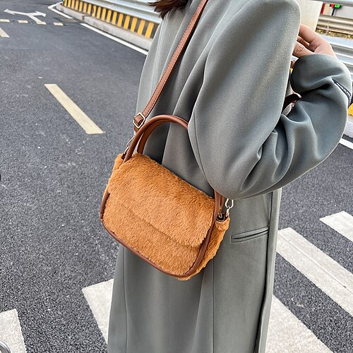 

Women's Fluffy Bag Plush Bag Crossbody Bag Top Handle Bag Rabbit Hair Chain Solid Color Shopping Going out Dark Brown White Black Khaki