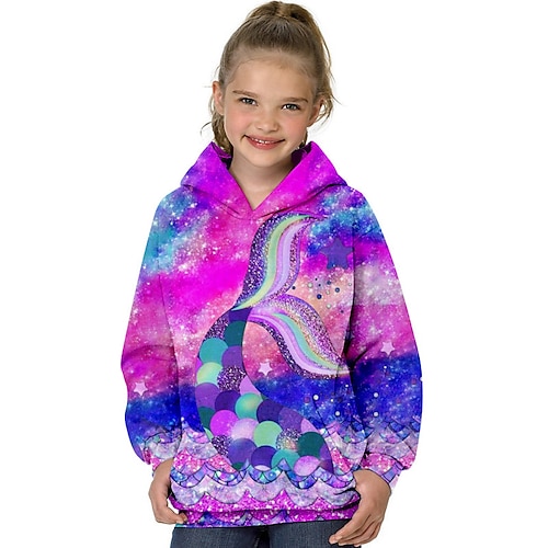 

Kids Girls' Hoodie Mermaid Outdoor 3D Print Long Sleeve Pocket Cute 3-13 Years Winter Rainbow