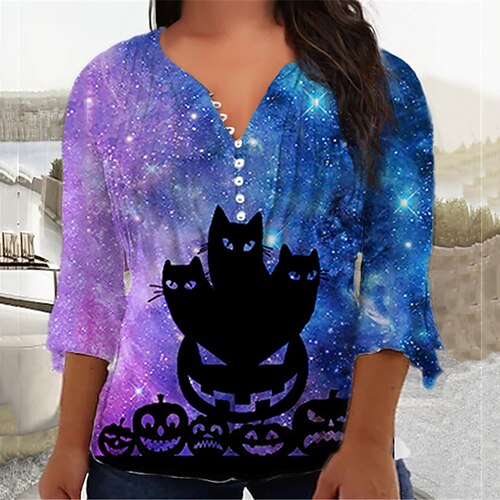 

Women's Plus Size Tops Blouse Shirt Galaxy Cat Button Print 3/4 Length Sleeve V Neck Casual Daily Vacation Cotton Spandex Jersey Fall Winter Rainbow / 3D Print