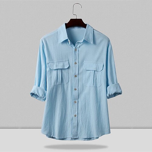 

Men's Shirt Solid Color Turndown Light Blue Daily Holiday Long Sleeve Button-Down Clothing Apparel Casual Comfortable Pocket