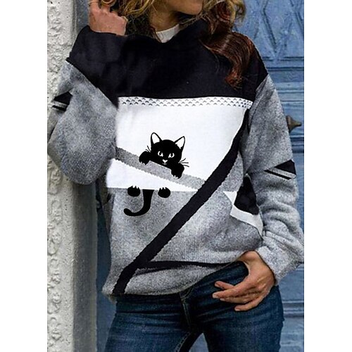 

Women's Pullover Hoodie Sweatshirt Cat Front Pocket Print Daily Sports 3D Print Active Streetwear Hoodies Sweatshirts Gray