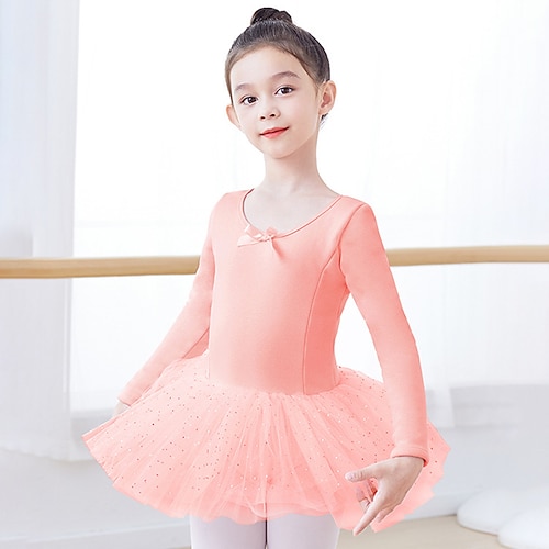 

Kids' Dancewear Ballet Dress Pure Color Splicing Paillette Girls' Performance Training Long Sleeve High Cotton Blend Tulle