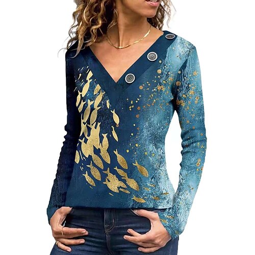 

Women's T shirt Tee Blue Purple Yellow Floral Butterfly Button Print Long Sleeve Casual Weekend Basic V Neck Regular Floral Butterfly Painting S / 3D Print