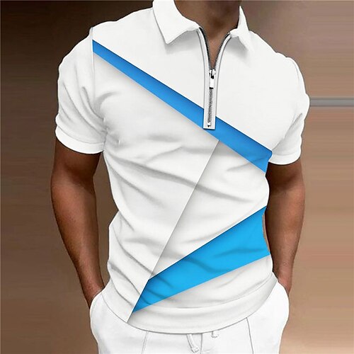 

Men's Collar Polo Shirt Golf Shirt Geometry Turndown Blue 3D Print Outdoor Street Short Sleeves Zipper Print Clothing Apparel Fashion Designer Casual Breathable / Summer / Spring / Summer