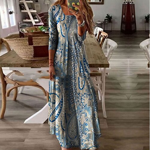 

Women's Casual Dress Shift Dress Maxi long Dress Blue Long Sleeve Print Print Fall Winter Square Neck Stylish Casual 2022 S M L XL XXL
