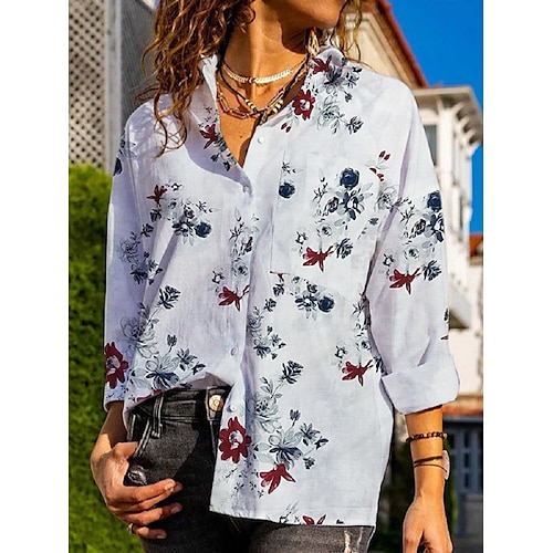 

Women's Blouse Shirt Blue Pink White Floral Pocket Print Long Sleeve Holiday Weekend Streetwear Casual Shirt Collar Regular Floral S / 3D Print