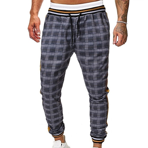 

Men's Joggers Tapered pants Casual Pants Plaid Drawstring Trousers Pocket Elastic Waist Grid / Plaid Comfort Soft Daily Holiday Streetwear Casual Dusty Blue Micro-elastic / Elasticity