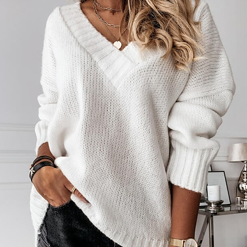 

Women's Pullover Sweater jumper Jumper Ribbed Knit Knitted Pure Color V Neck Stylish Casual Holiday Going out Winter Fall Blue Khaki S M L / Long Sleeve / Regular Fit