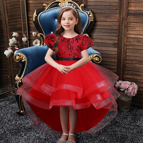 

Kids Girls' Dress Jacquard Tulle Dress Above Knee Dress Party Ruffle Short Sleeve Princess Dress 3-12 Years Spring Pink Red