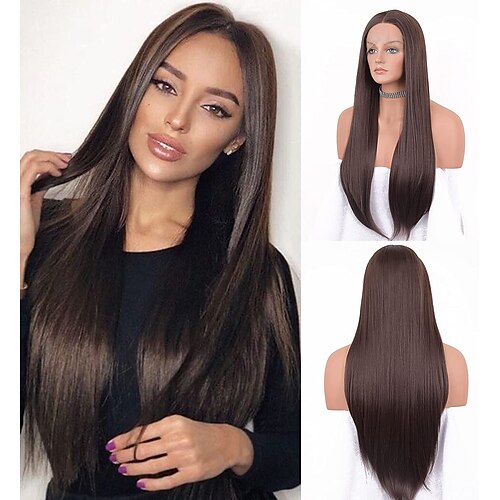 

Chocolate Brown Lace Front Wigs for Women Glueless Brown Wigs with Middle Part Straight Hair Wig 24 inch