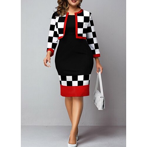 

Women's Plus Size Dress Set Plaid Crew Neck Print Long Sleeve Winter Fall Stylish Casual Midi Dress Vacation Weekend Dress